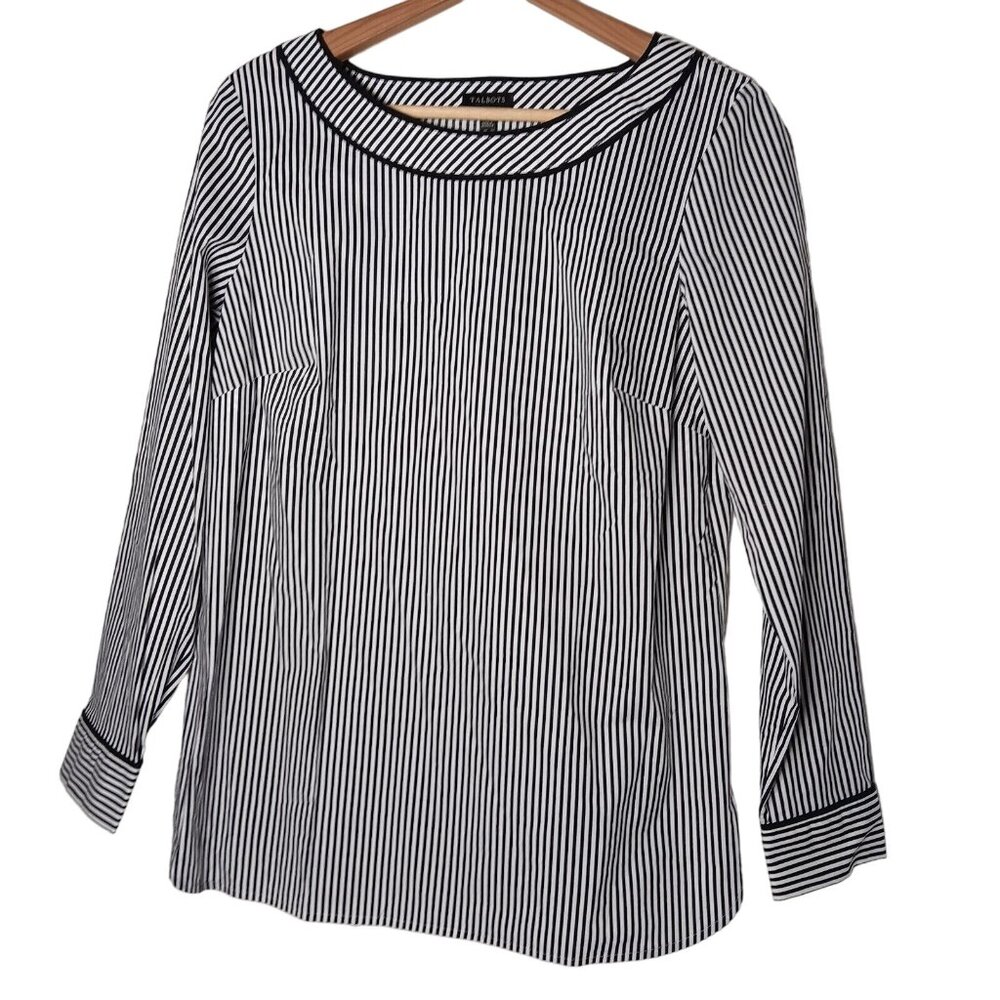 Talbots Blouse S Pullover Black White Striped Classic Size Zipper New Shirt WS15